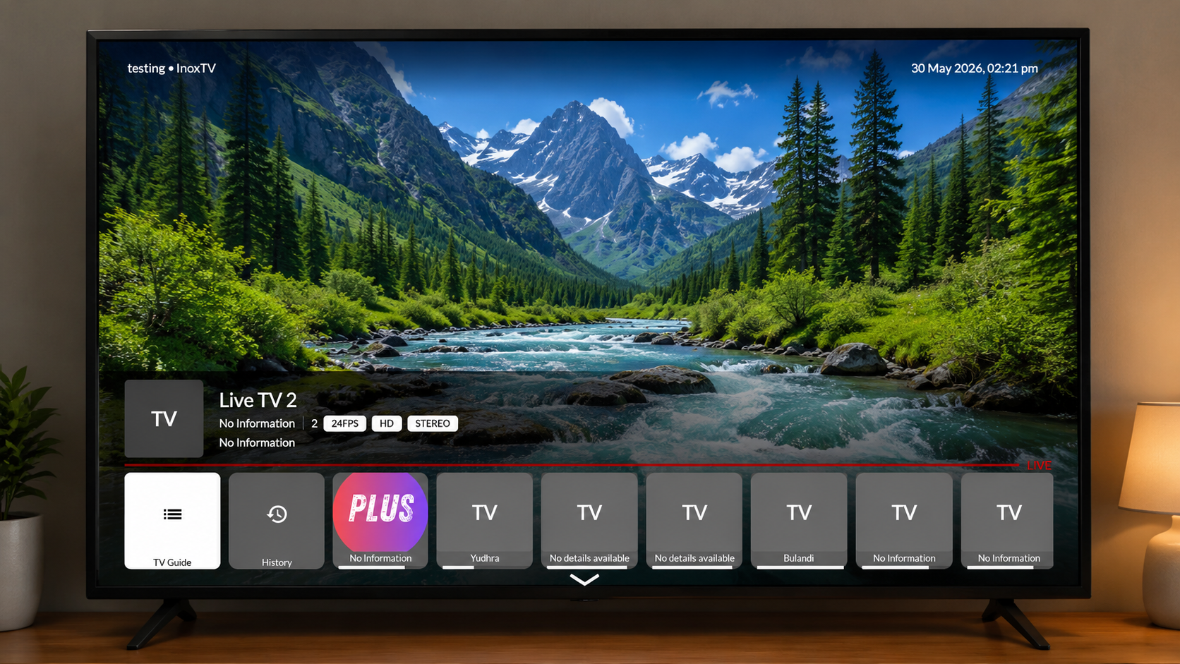 InoxTV TV - player info panel with the recent channels strip along the bottom